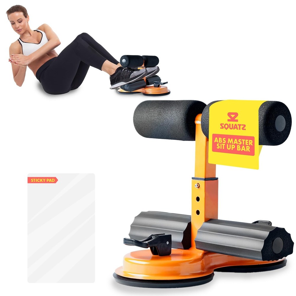SQUATZ Portable Sit Up Bar Floor Holder with 2 Strong Stadard, Black,Orange
