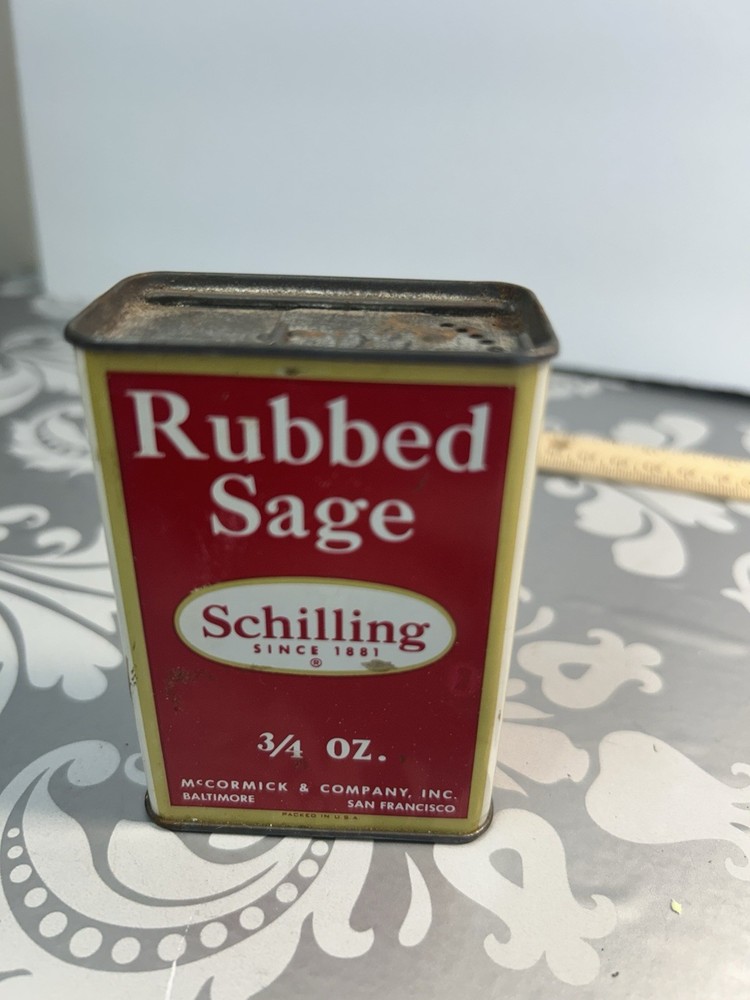 Vintage Schilling Since 1881 Rubbed Sage Spice Tin.