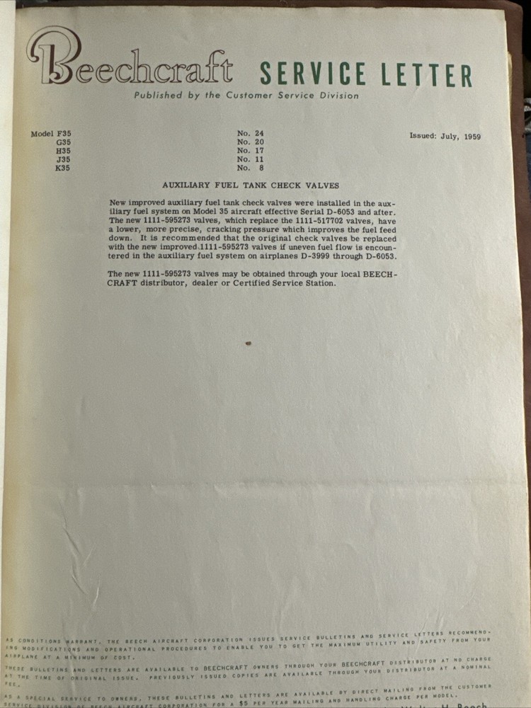 Beechcraft Service Letter 1959 Beechcraft Collection