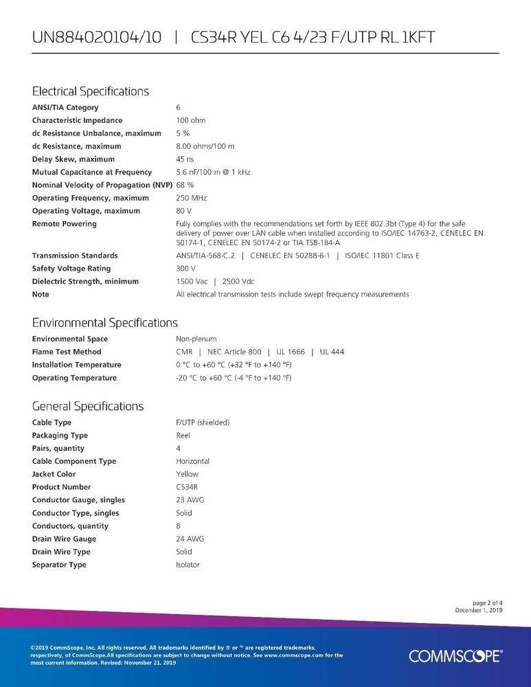 Commscope CS34R 23/4P Cat6 F/UTP WebTrak Riser Shield Network Cable Yellow/100ft