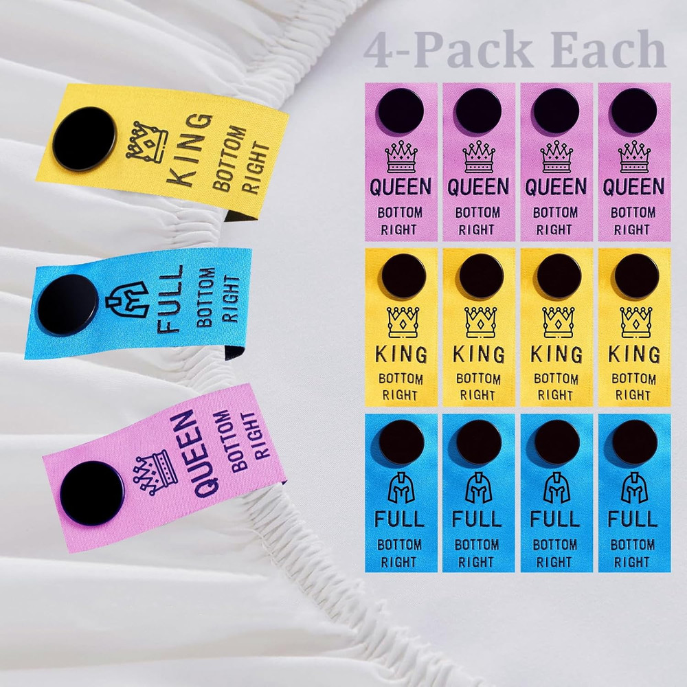 Sheetsnaps 12-Pack Color-Coded Bed Sheet Labels – Snap-On Tags for Queen, King &