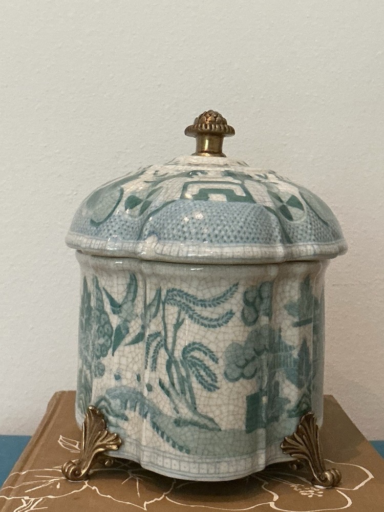 Turquoise Willow Chinoiserie Pattern Lidded Ormolu Oval Shaped Ceramic Box 9 in