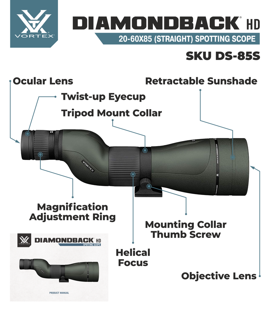 Vortex Optics Diamondback HD Spotting Scope 20-60x85 Angled w/ CF Hat & Tripod