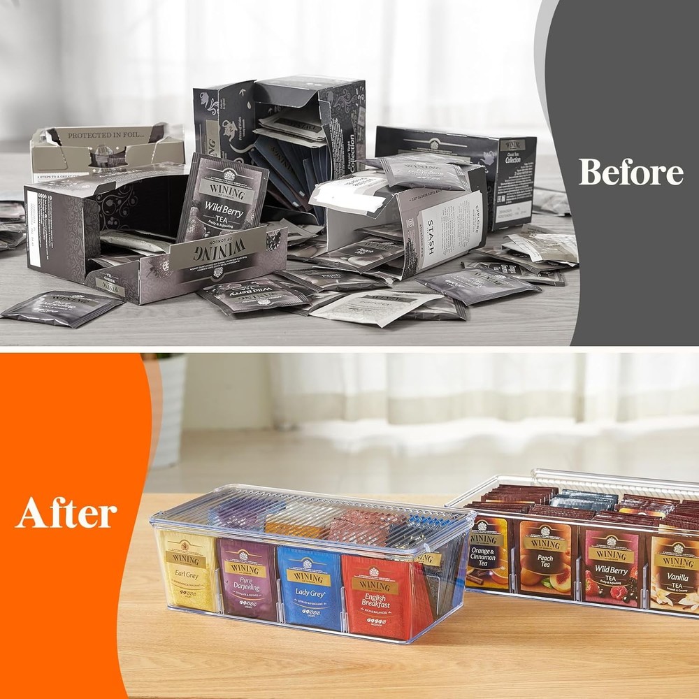 Stackable Plastic Tea Bag Organizer Box with 16 Compartments & Lids, Divided