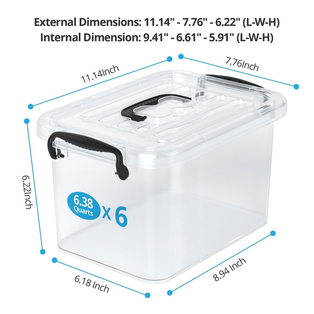 Plastic Storage Containers with Lids - 6 Pack 6 Quart Clear Storage Bins with...