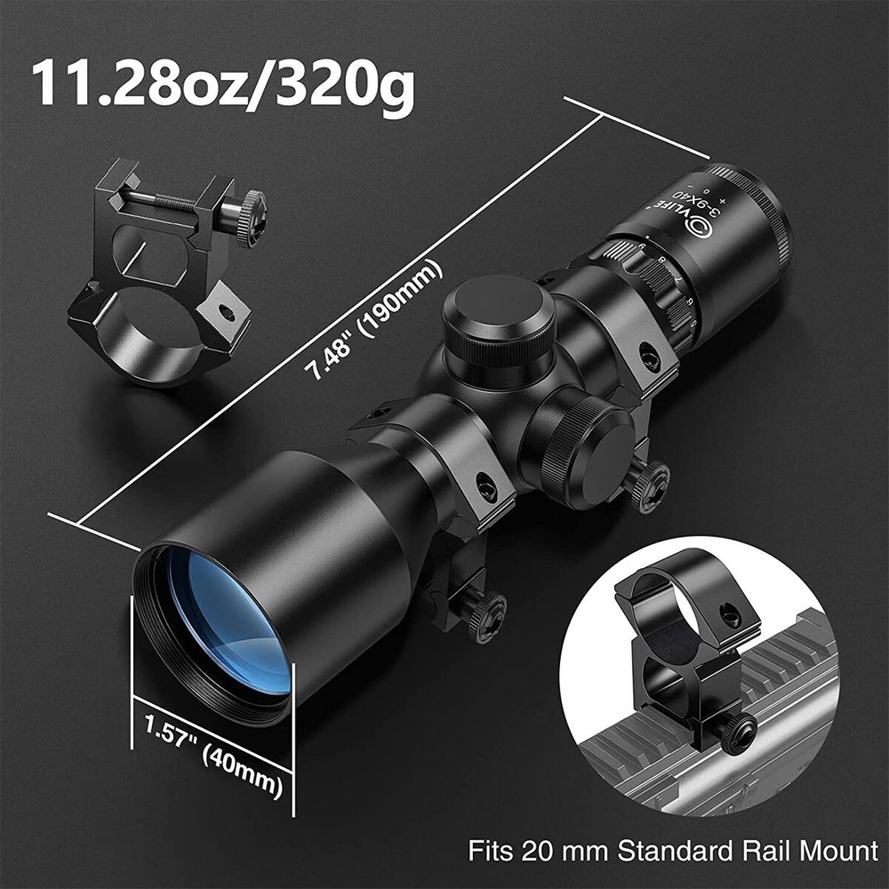 CVLIFE 3-9x40 Compact Rifle Scope Mil-Dot With 20mm Ring Mounts for Quick Aiming