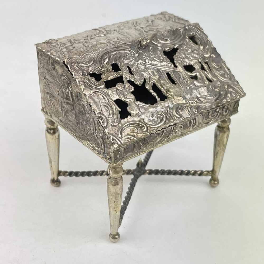 Antique Dutch Solid Silver Novelty Miniature Bureau Pierced Rococo Design 5.7cm