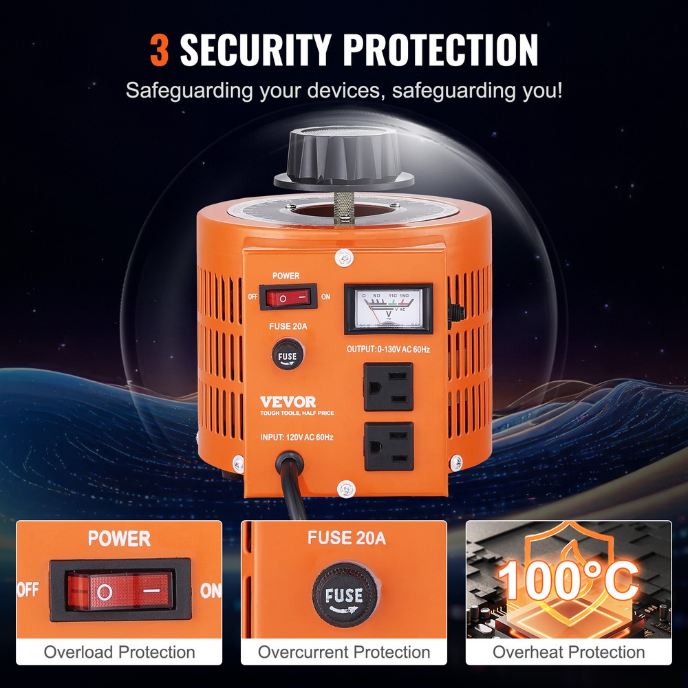 VEVOR 2000VA Variable Voltage Transformer 15.3A 0-130V AC Voltage Regulator