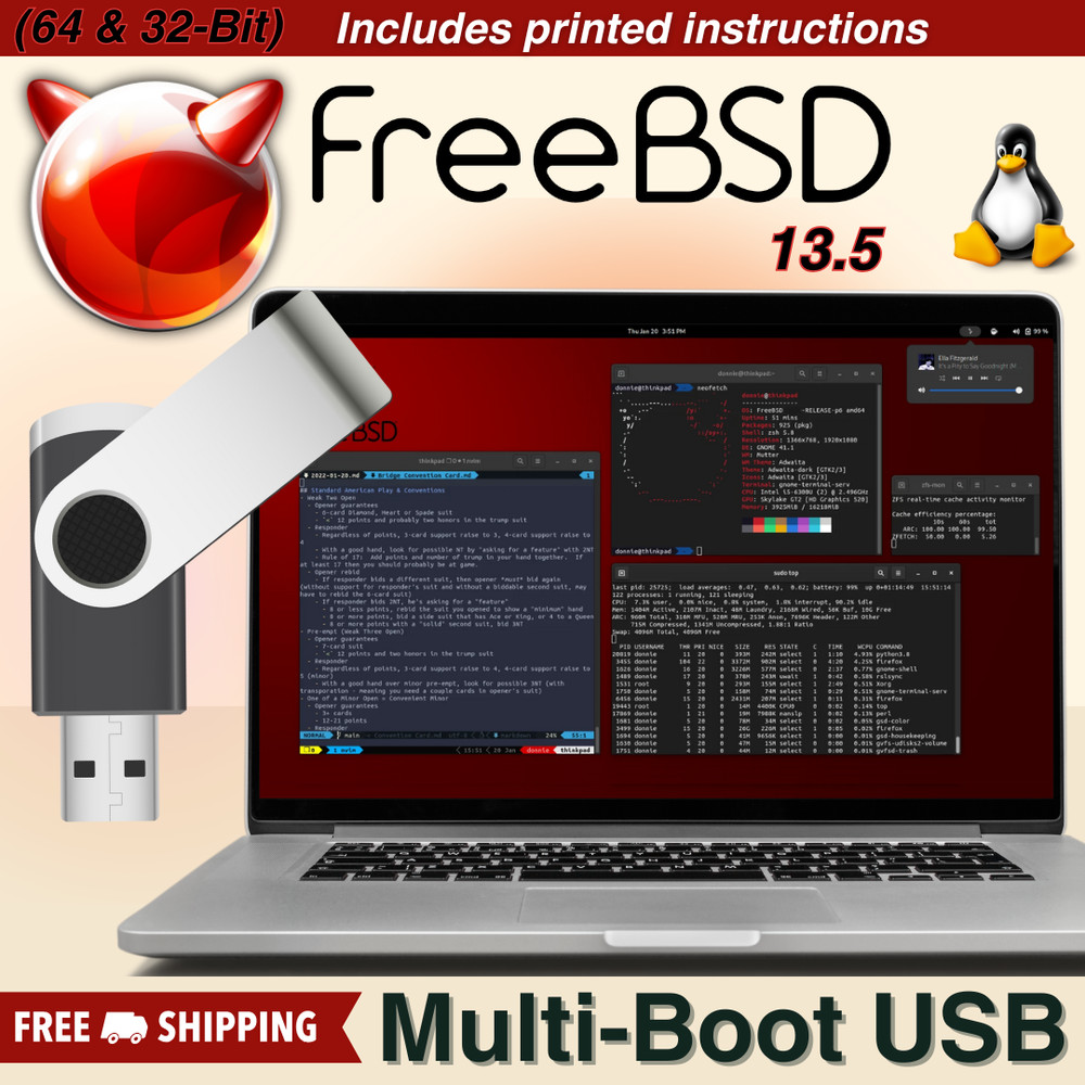 Free BSD 13.5 Linux Desktop Live/Installer MultiBoot USB | (64-bit & 32-bit)