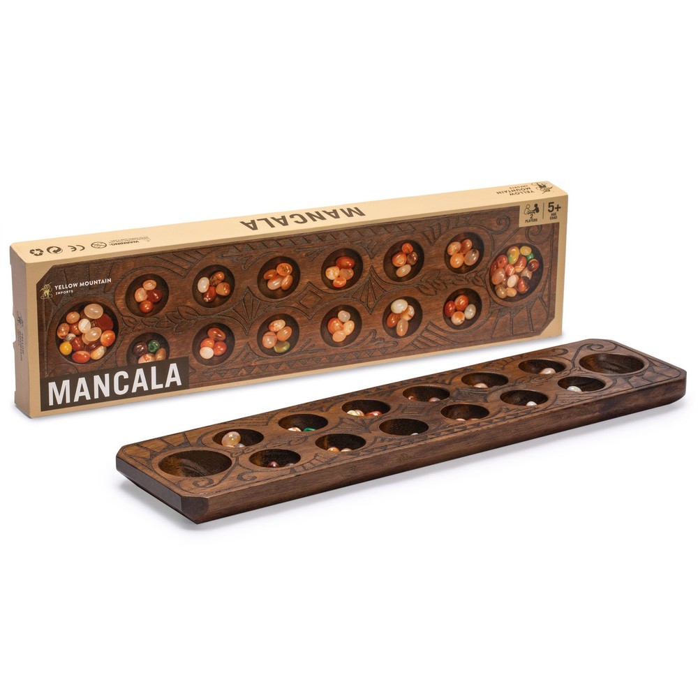 Mancala Set With Solid Wood Board and Quartz Pebble Playing Pieces