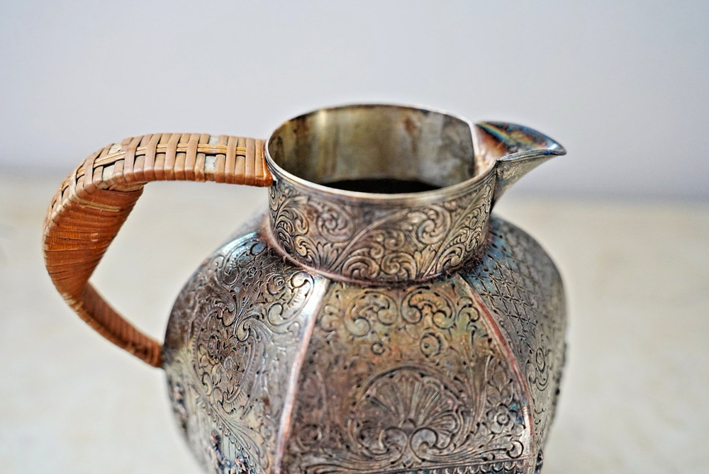 Antique EG Webster Silver Repoussé Pitcher Ornate with Rattan Handle