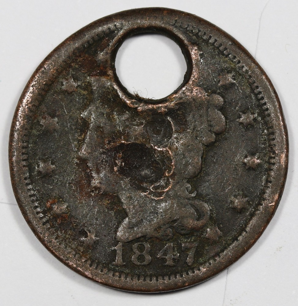 1847 Large Cent.  Holed.  212600