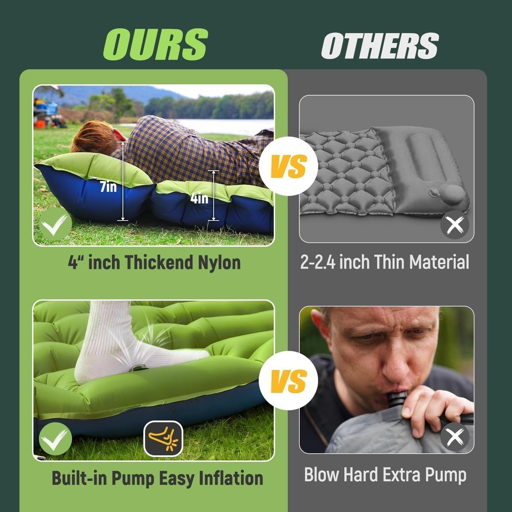 Ultra-Thick Double Self-Inflating Camping Sleeping Pad with Pillow Green