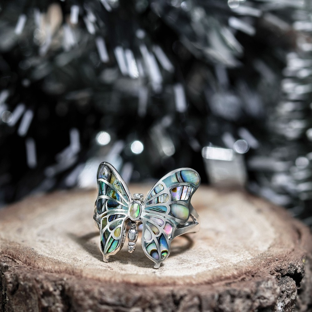 Exotic Graceful Butterfly Abalone Shell Inlay Sterling Silver Ring-8
