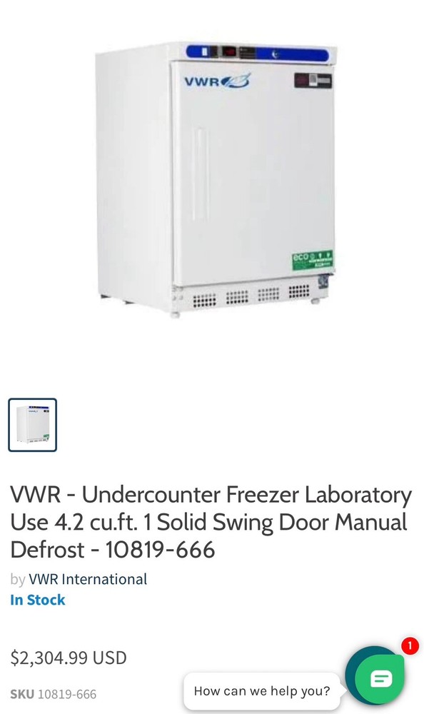 VWR Undercounter Freezer Laboratory Use 4.2cu.ft 1 Solid Swing Door