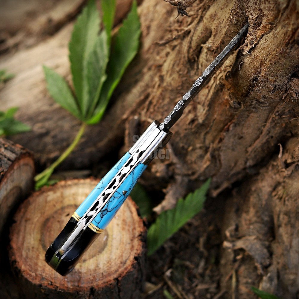 Handmade Damascus Folding Knife, Turquoise Stone Handle Leather Sheath Sharpner.
