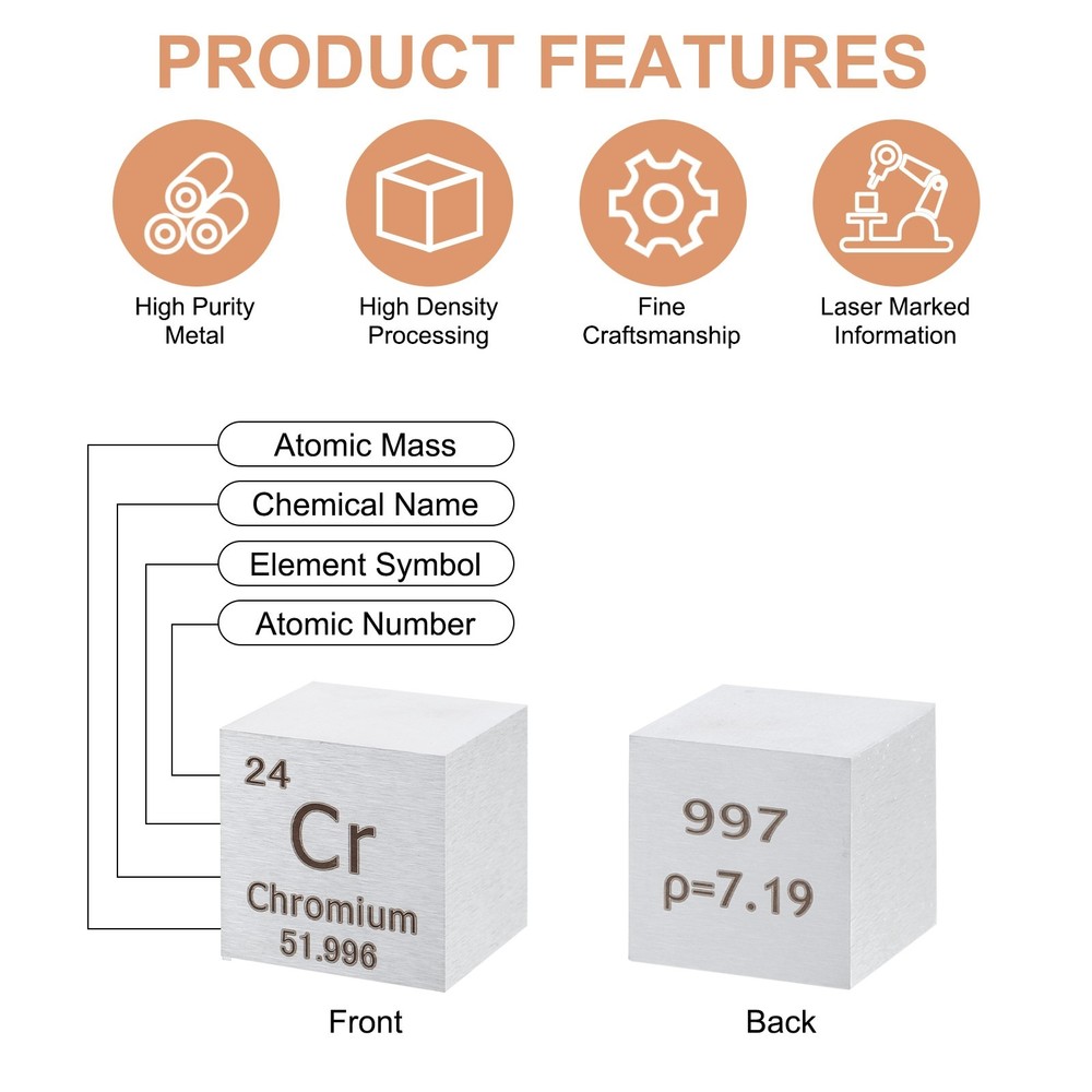 2Pcs Chromium Cube, 1" High Density Metal Element Cube for Education, Silver