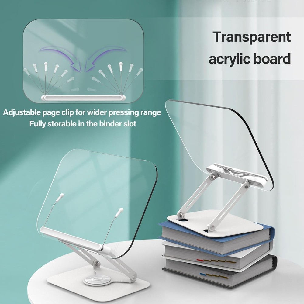 Acrylic Book Stand Reading Adjustable Book Holder W/ 360° Rotating Base &