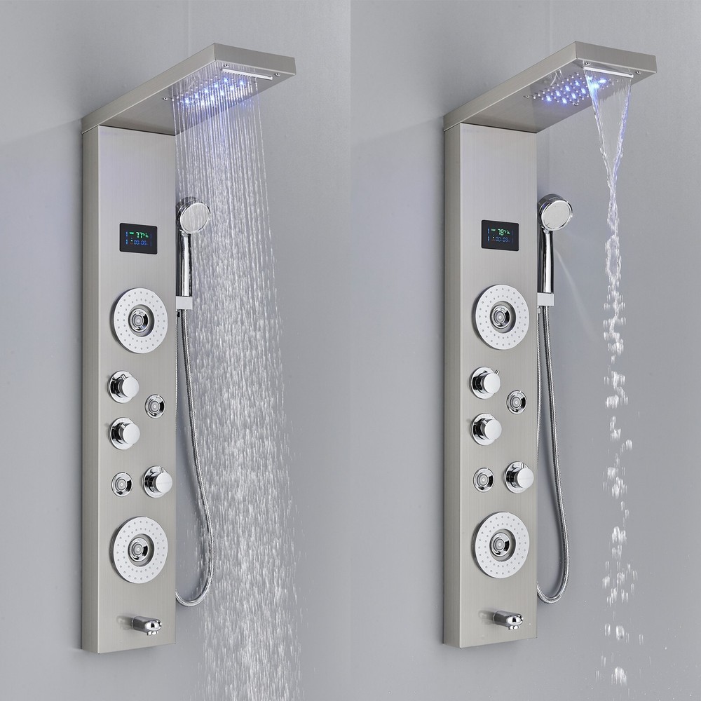 LED Stainless Steel Rain&Waterfall Shower Panel Tower System Massage Jets