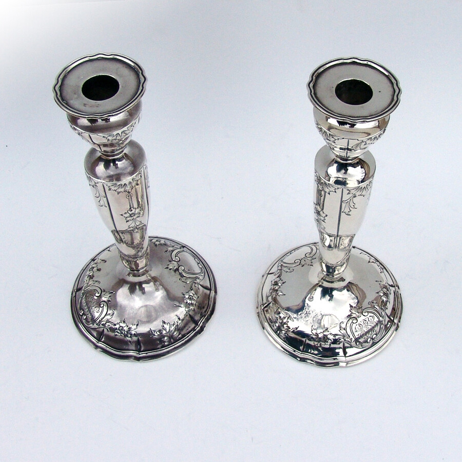 Floral Scroll Candlesticks Pair Gorham Sterling Silver 1915 Mono