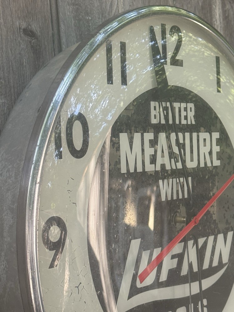 1957 Rare Back Lit Lufkin Tools Reverse Glass Wall Clock 15” In Diameter ￼