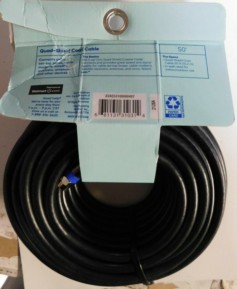 onn Quadshield Coax Cable 50ft Black