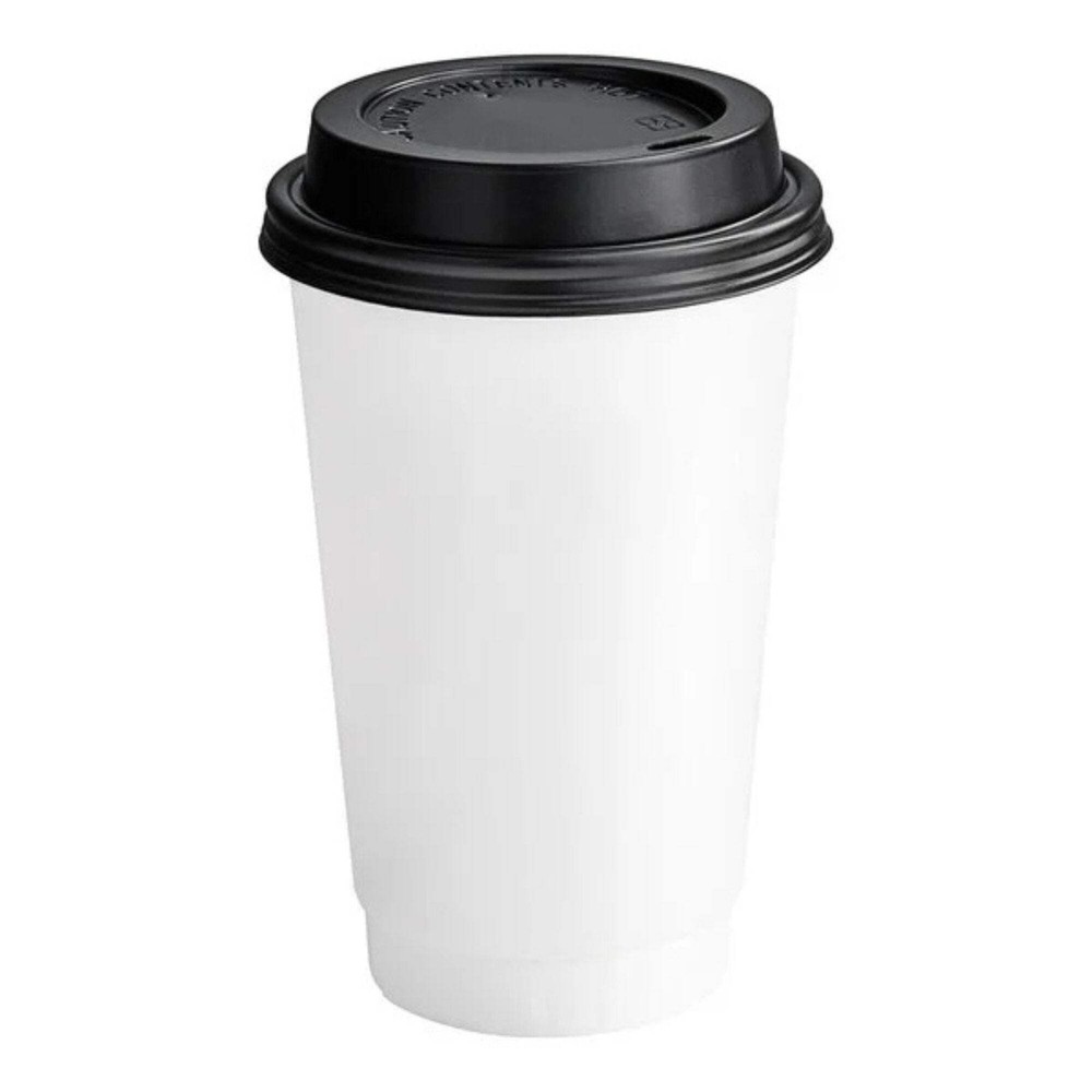 12oz White Poly Paper Hot Cups with Black Lids: 6 Pack
