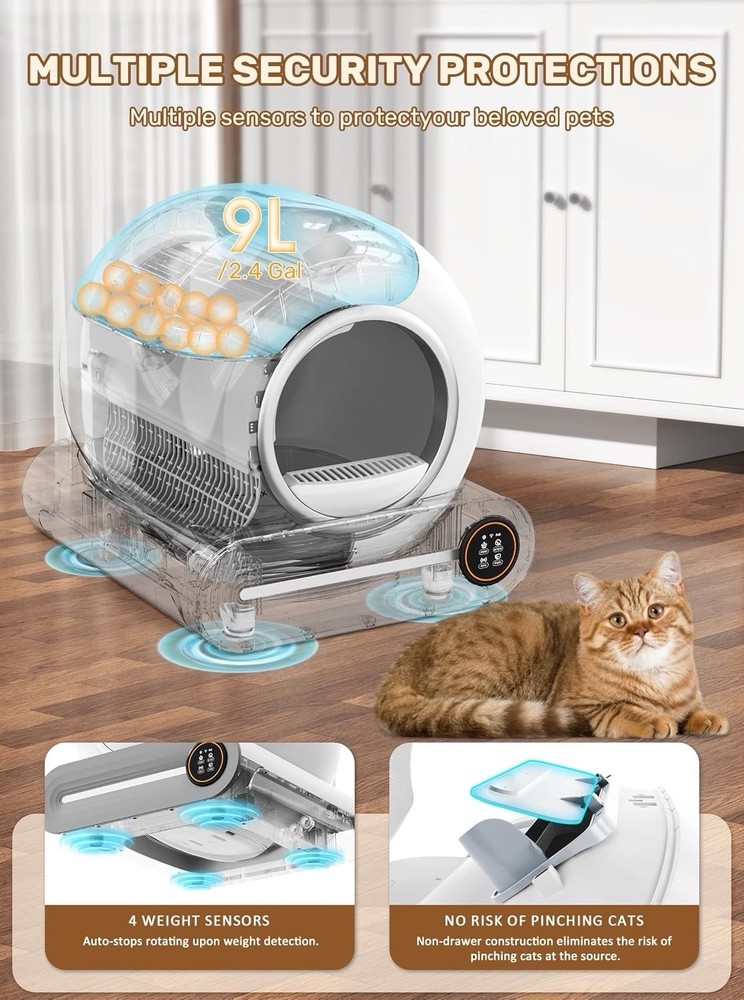 Self-Cleaning Cat Litter Box, App Control, Air Purification, 65L, Secure