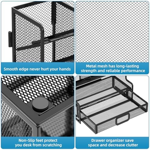 Larger Mesh Desk Organizer with Drawer, Multi-Functional Pen Pencil Black