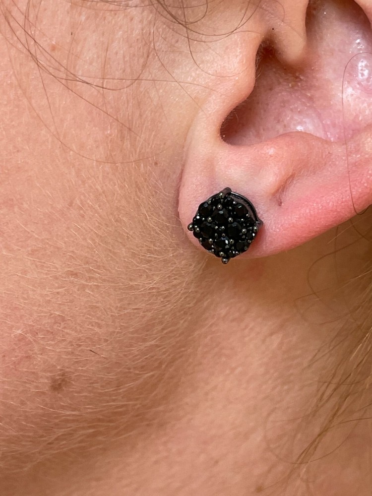 Real Solid 925 Silver Hip Hop Black CZ Earrings 1/3" Cluster Round Studs