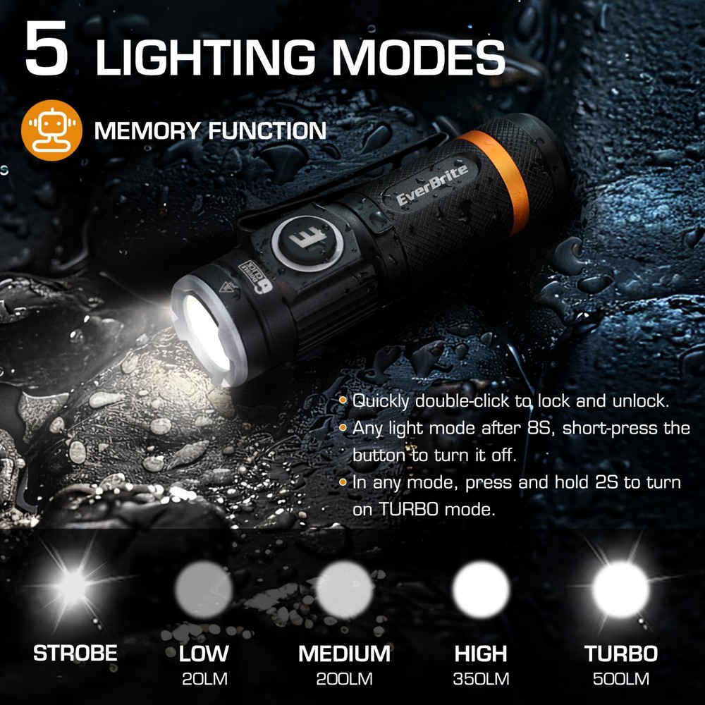 EverBrite Mini Flashlight, Rechargeable Flashlight with USB C Cable 500 Lumens