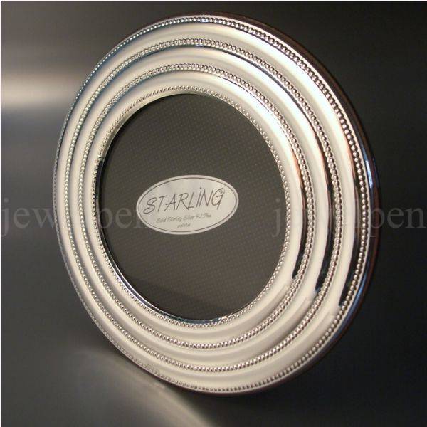 Photo Frame Made of Solid 925 Sterling Silver - Round With 4 Way Bead Edging