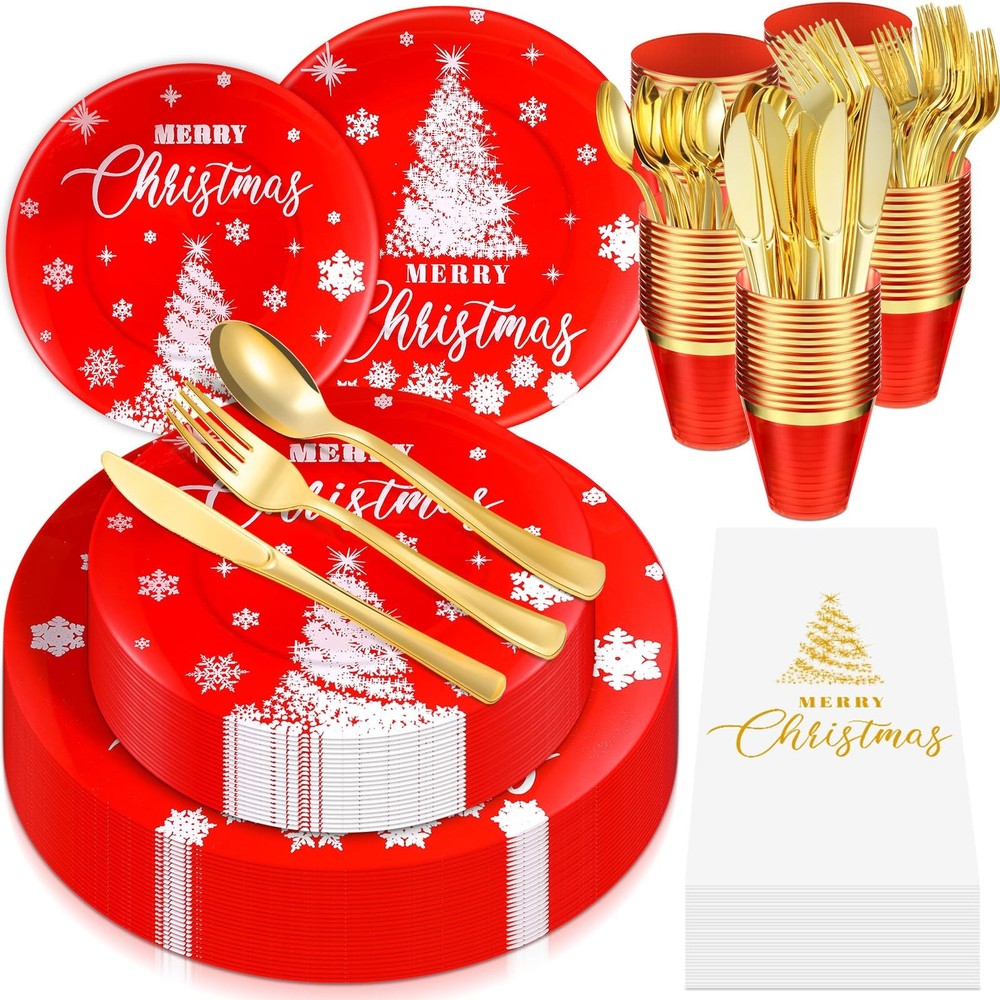175 Pcs Christmas Plastic Dinnerware Merry Christmas Plate Set 25 Dinner Plat...