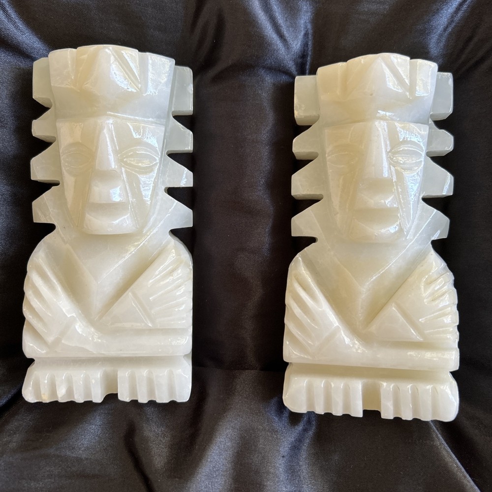 Tiki Bookends Heavy White Alabaster 6”