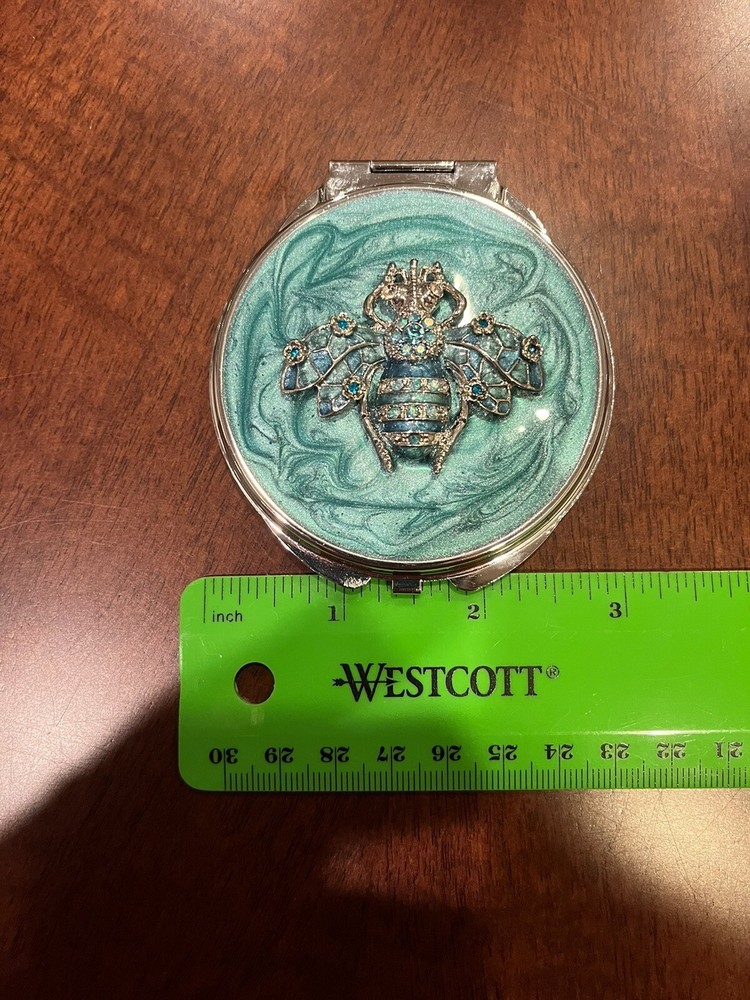 Double Mirror Compact With Bee Teal Rhinestones, New In Box