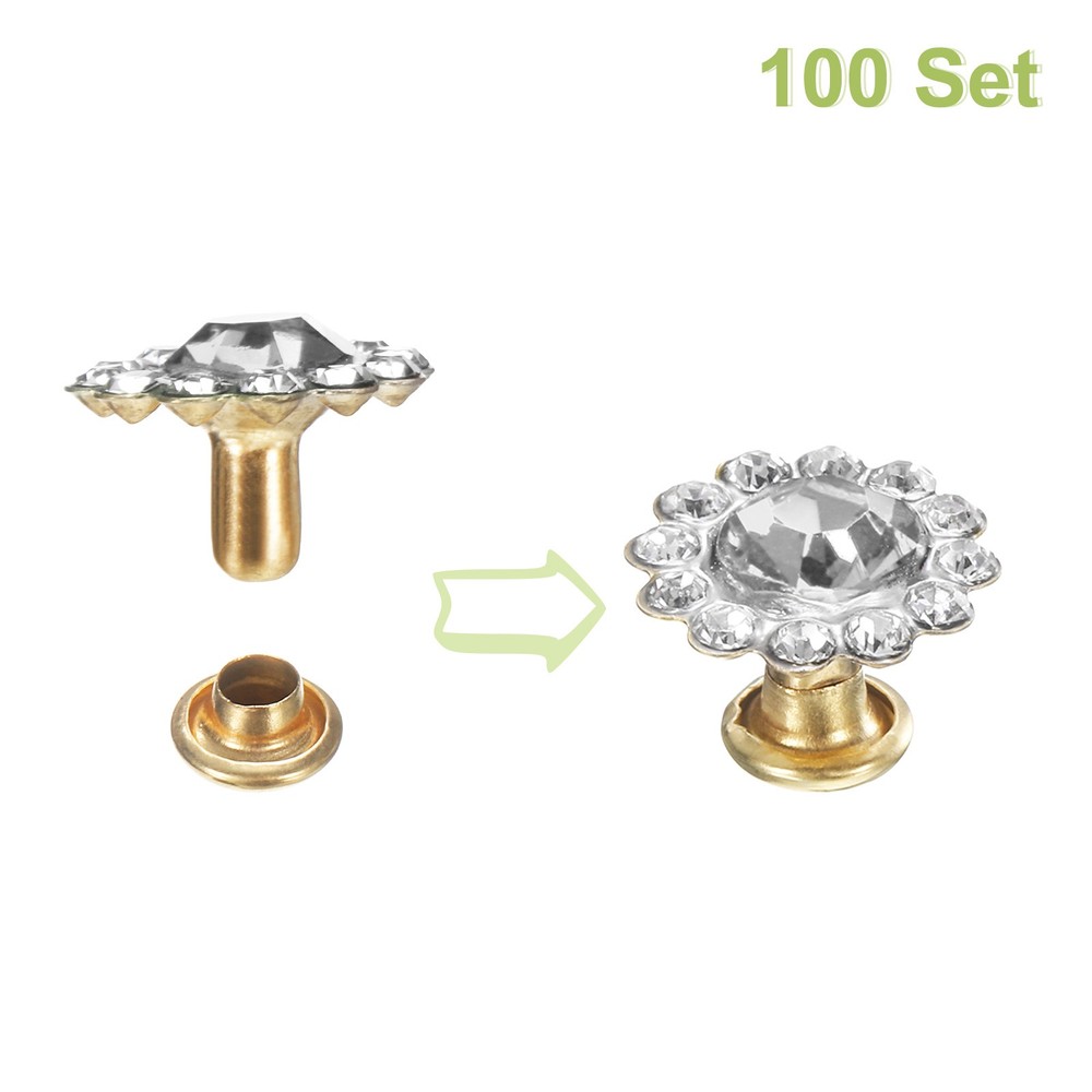 100 Set Rhinestone Rivets Studs 11mm Crystal Rivets Sun Flower Studs White