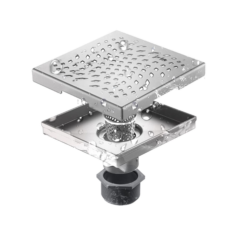 4 Inch Square Shower Floor Drain with Flange,Quadrato Pattern Grate Removable...