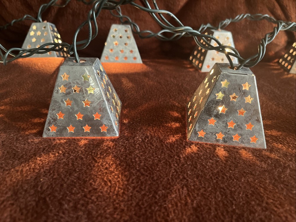 Galvanized Punched Metal Stars String Light Shade Covers ~ 10 Lanterns L 86”