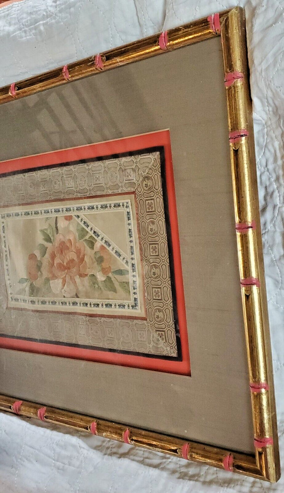 Chinese Silk Peony Hand Embroidered Framed Panel Square wShadow Box Effect 21x17