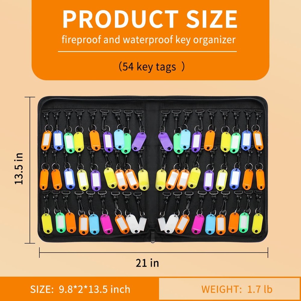 Portable Zippered Key Case Fireproof Waterproof Organizer 54 Key Hooks Tags