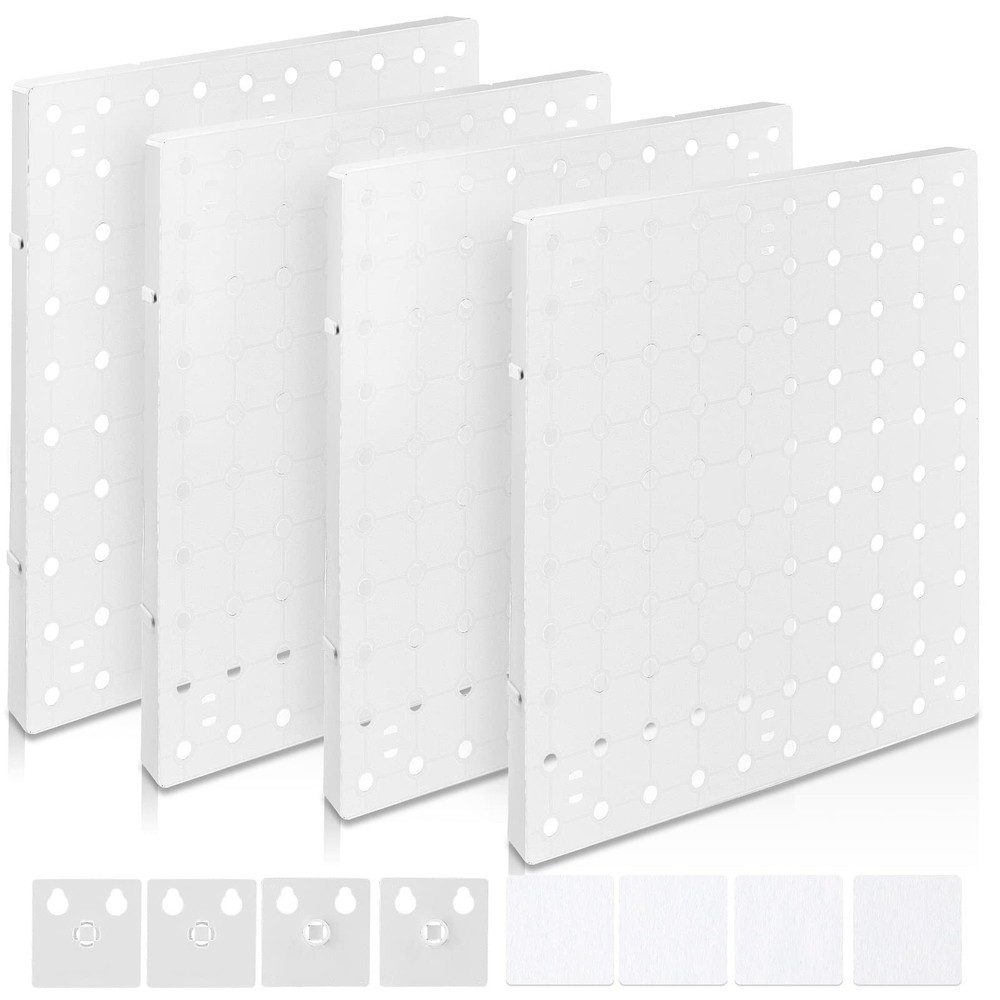 4 PCS White Pegboard Wall Organizer Self-Adhesive Peg Board Wall Panel Kits S...