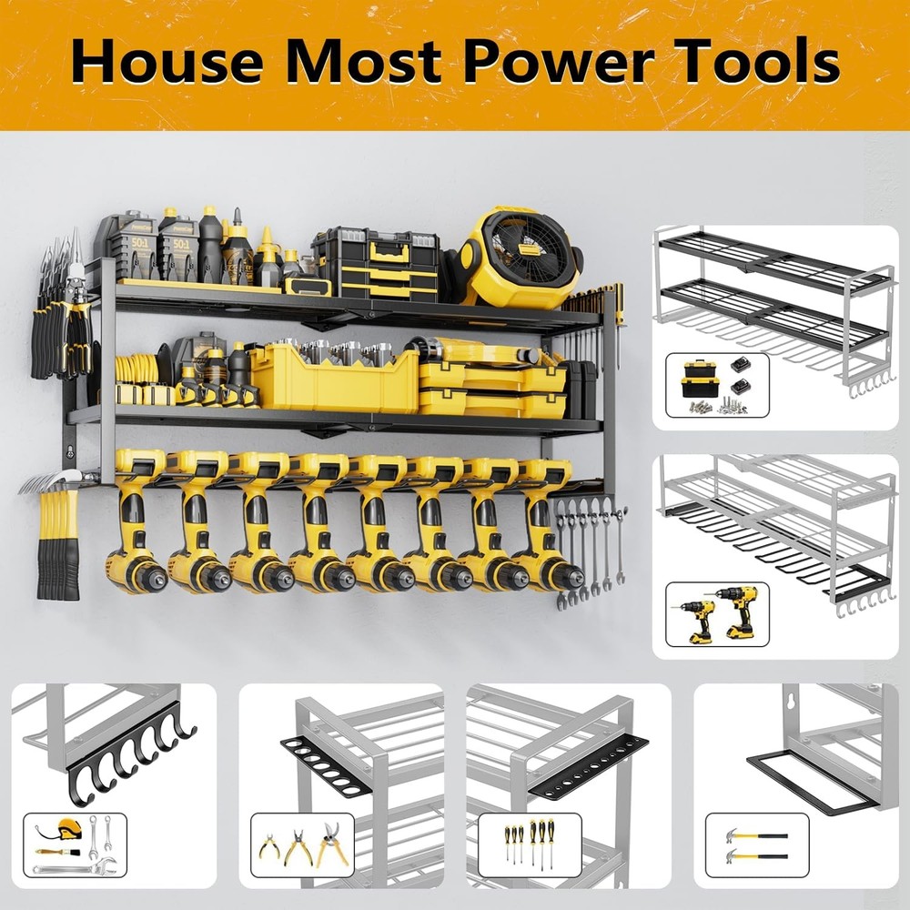 Power Tool Organizer - 3 Layer 8 Drill Holder Wall Mount, Storage Rack for Garag