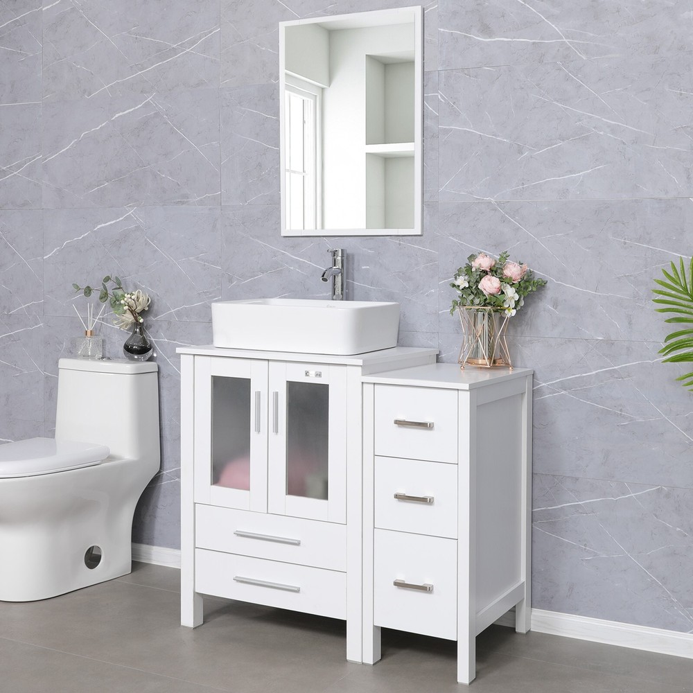 36" White Bathroom Vanity Combo Ceramic Rectangle Vessel Sink Side Cabinet Set