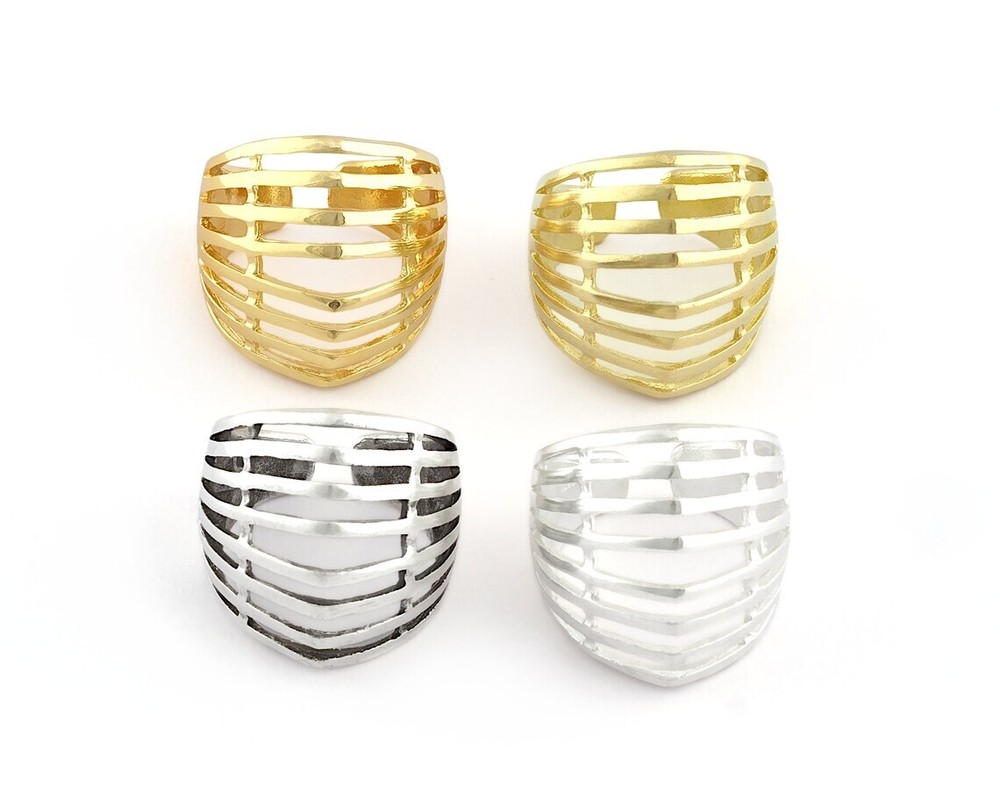 Horizontal Lines Ring Adjustable Raw,Antique Silver Shiny silver-gold (8us) 5354
