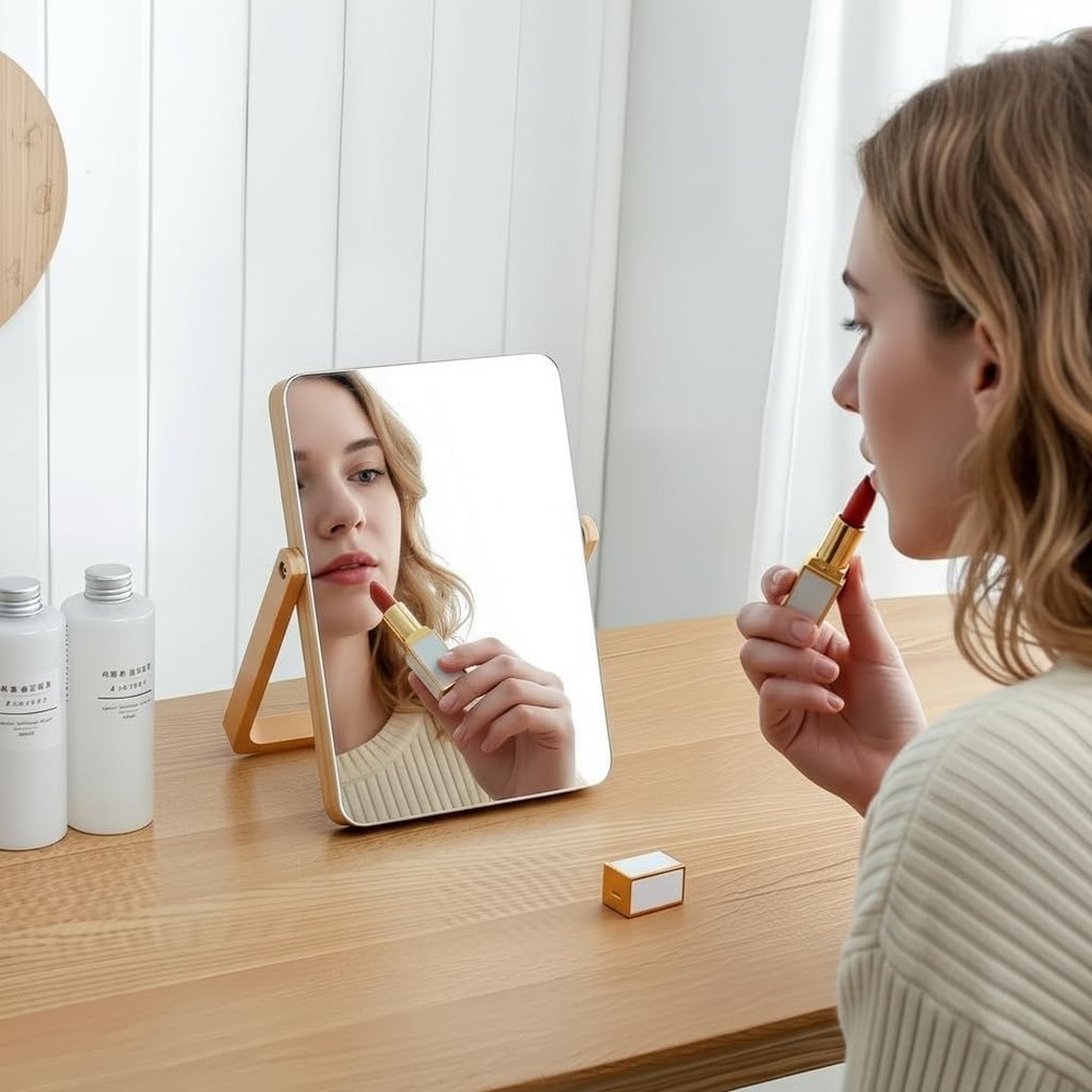 Desk Makeup Mirrors with Wood - Rectangle Wall-Mounted Mirrors Table Mirrors