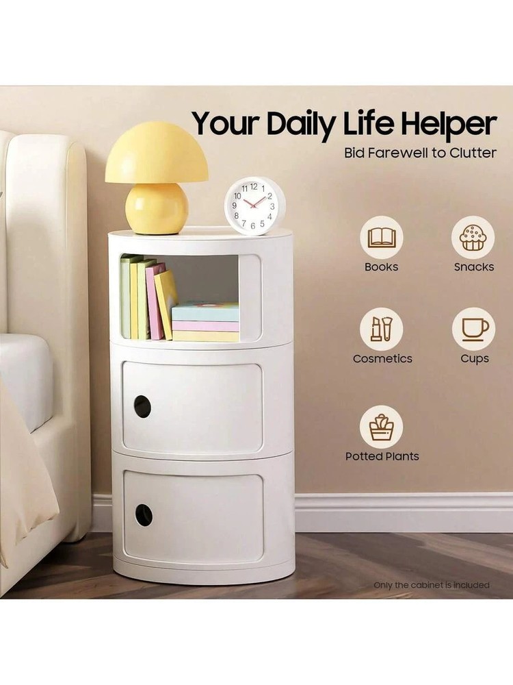 NEW Modern 3-Tier Round Storage Cabinet With Sliding Doors, ABS Construction