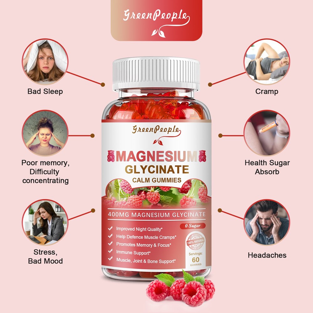 Magnesium Glycinate Gummies Support Sleep & Brain Raspberry Flavor 0-Sugar