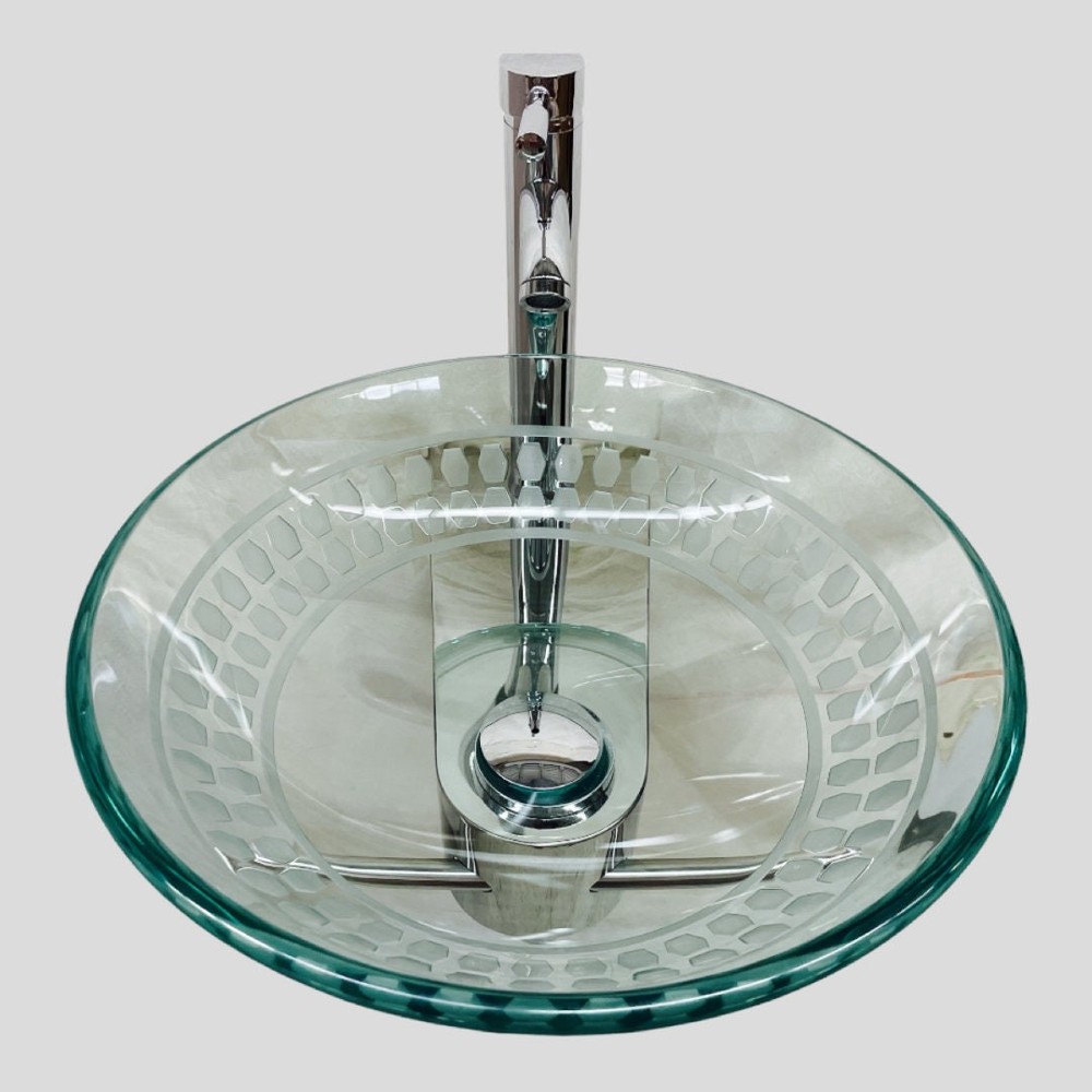 Wall mount Bathrom vanity set clear glass vessel sink with unique pattern shelf