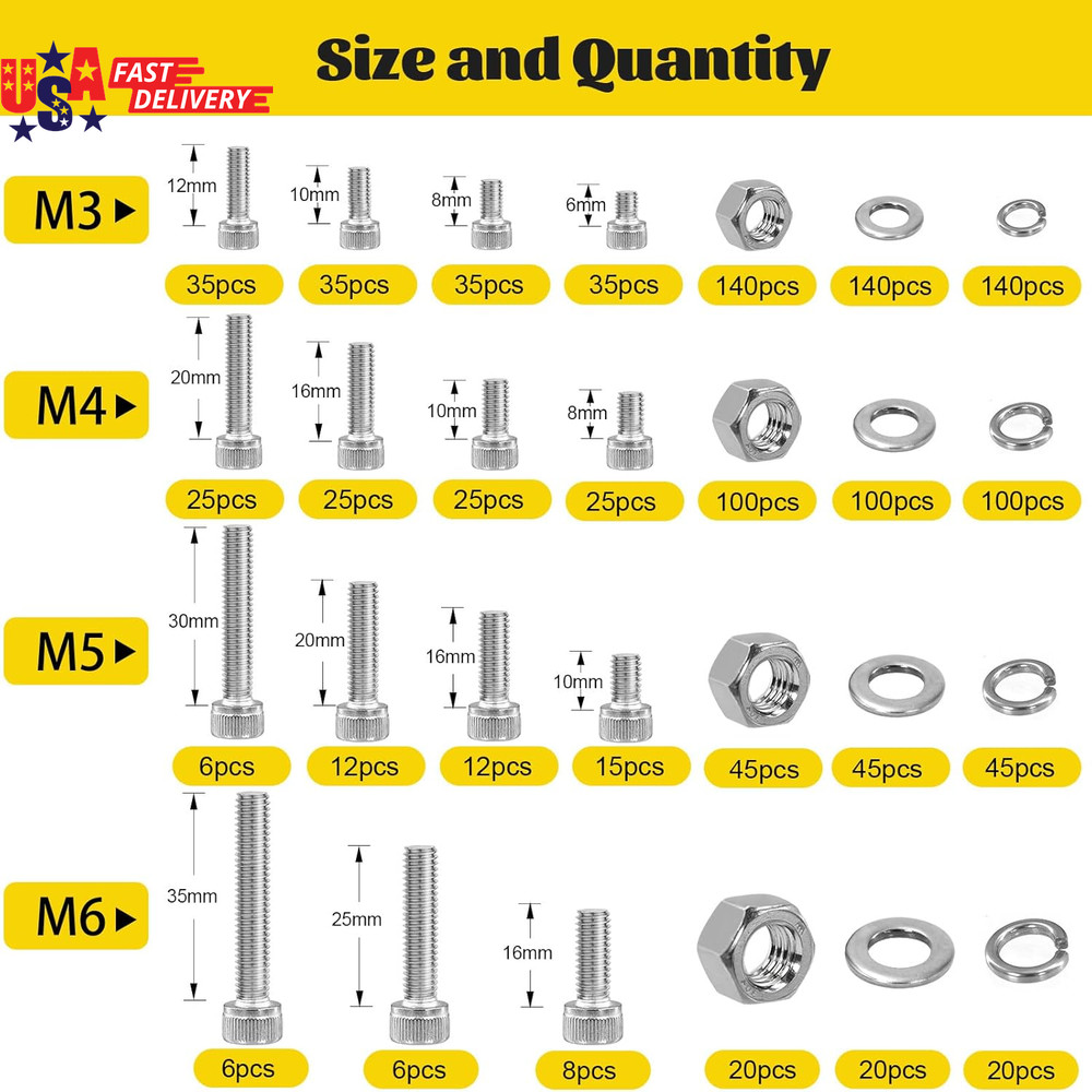 720Pcs M3 Screws Assortment Kit, Hex Socket Head Cap Bolts, Nuts & Washers Assor