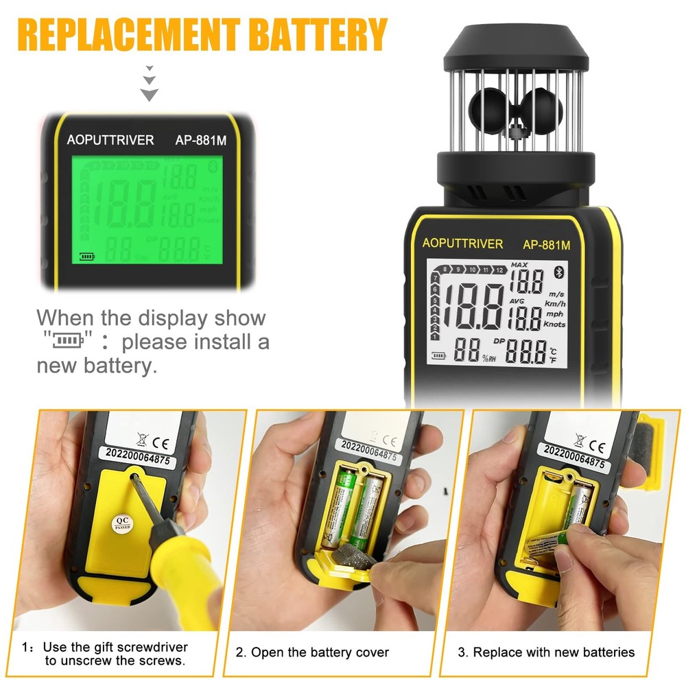 Wind Cup Anemometer with 360°Direction, Handheld Wind Speed Meter Temp℃/℉ Mea...